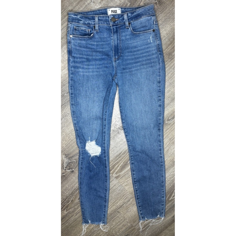 Paige Hoxton Ankle Skinny Jeans Distressed Raw Hem Medium Wash 27